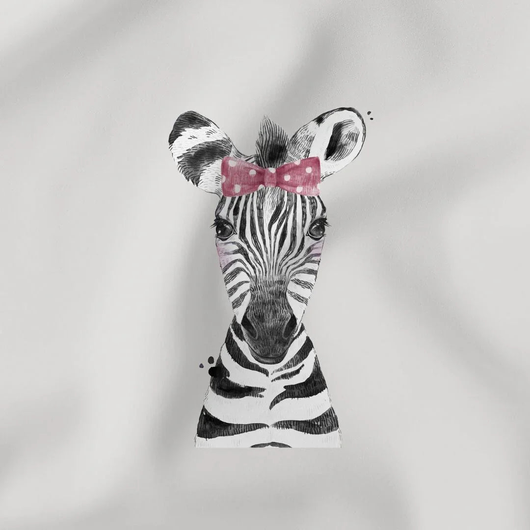 Weiches Jersey Panel mit Zebra-Motiv und rosa Schleife auf grauem Hintergrund für Kinderkleidung.