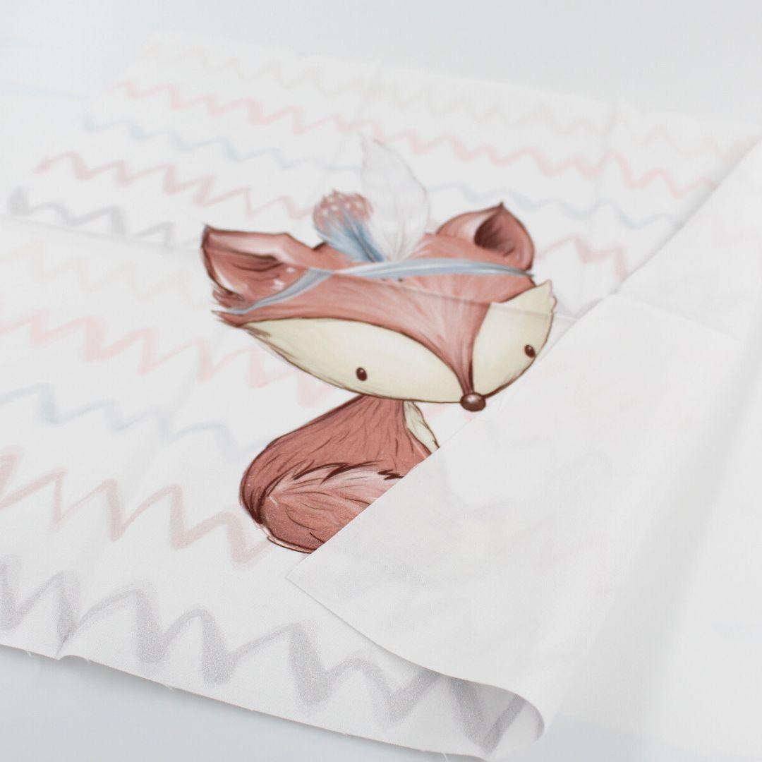 Baumwollpanel 38x38 cm aus der Kollektion Waldfreunde Boho mit stilvollem Fuchs-Design. Perfekt für Kissenbezüge, Dekoration und kreative Nähprojekte.