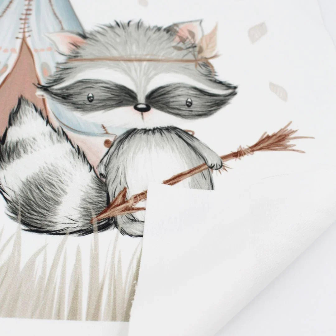 Canvas Panel mit Waschbär und Zelt mit der Rückseite