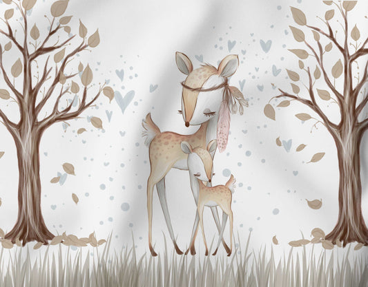 Charmantes Canvas-Panel mit Mama Reh und ihrem Kind-Reh im Wald, aus der Boho Waldfreunde Kollektion, perfekt für kreative DIY-Projekte.