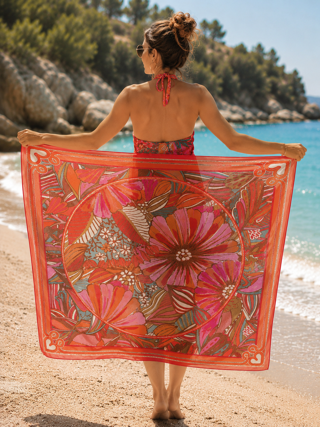 Viskose Stoffpanel Blumen | Orange