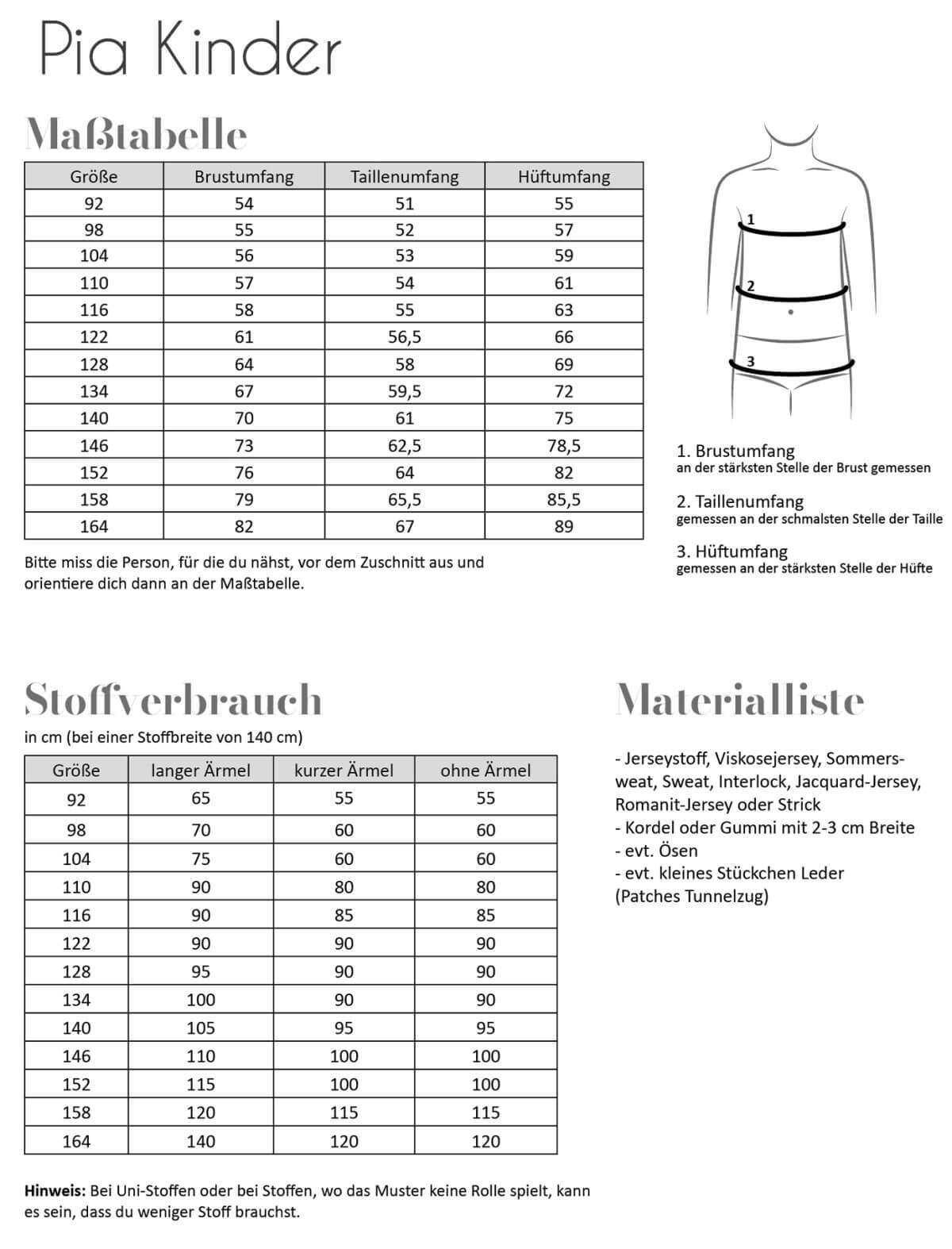 Schnittmuster Fadenkäfer Kleid Pia für Kinder | Maßtabelle, Stoffvrabrauch, Materialliste