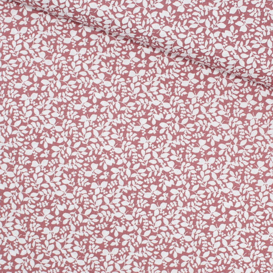 Baumwollpopeline mit kleinen Blättern in Mauve, ideal für Nähprojekte wie Babydecken, Kissenbezüge und Turnbeutel.