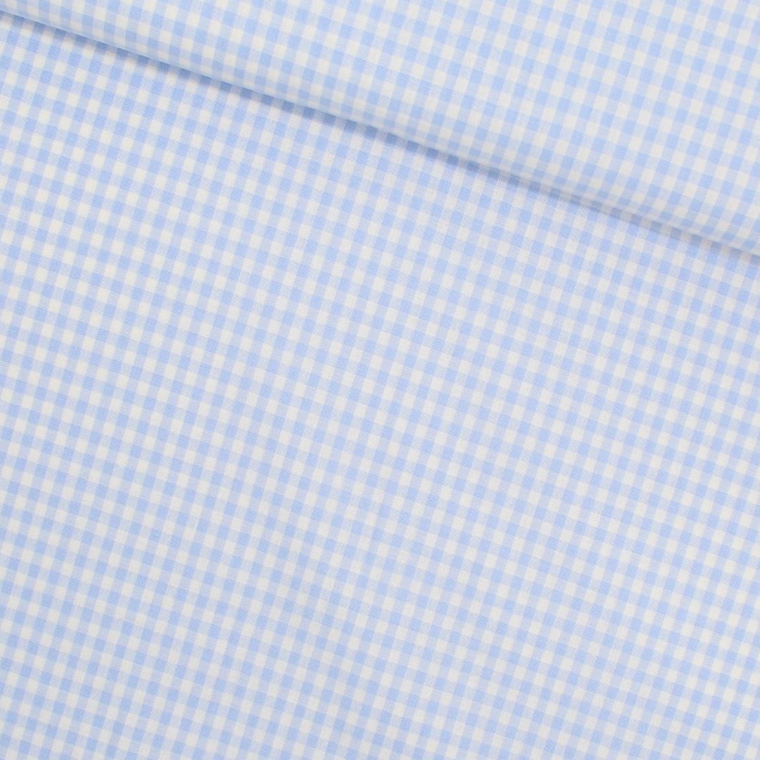 Baumwoll Popeline mit klassischem Karomuster in Hellblau und Weiß, ideal für fröhliche Nähprojekte.