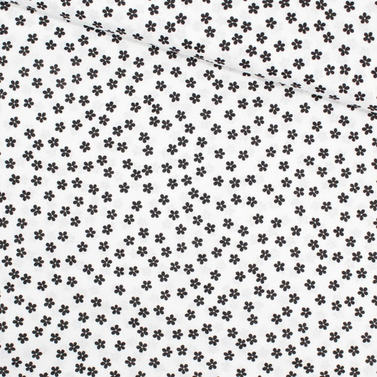 Popeline mit kleinen schwarzen Blümchen, ideal für Nähprojekte wie Blusen, Kleider und Röcke.