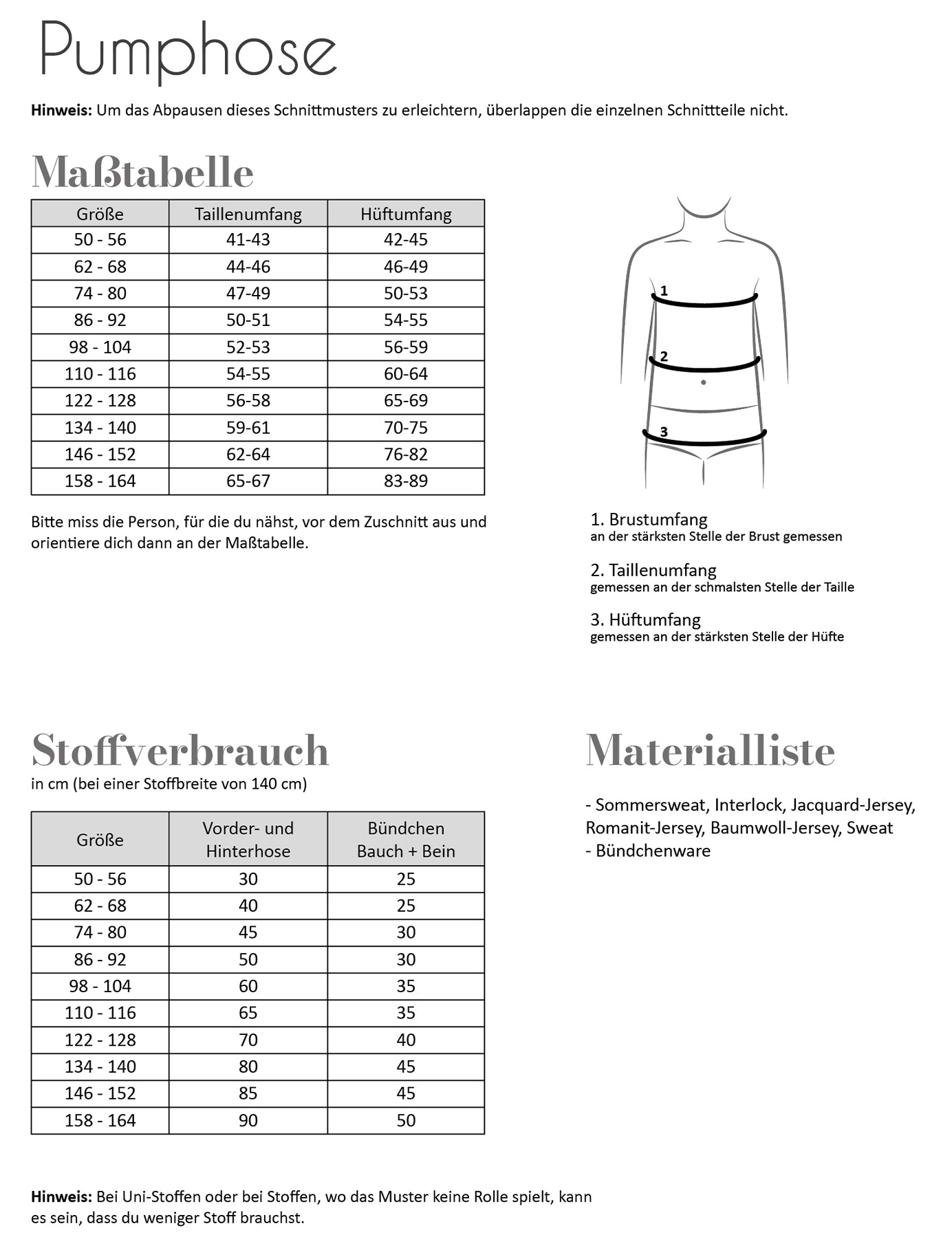 Pumphose Maßtabelle, Stoffverprauch und Materialliste