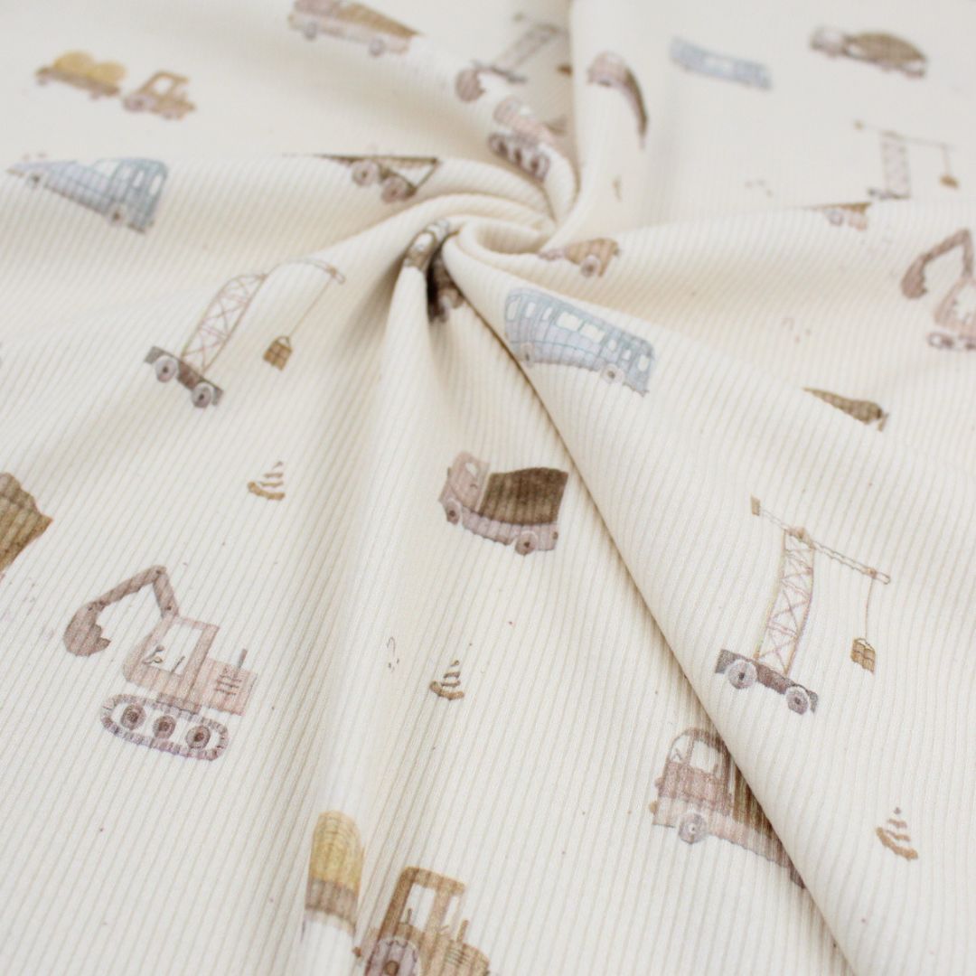 Rippenjersey Stoff DIY Nähprojekte Bagger und Laster auf Beige