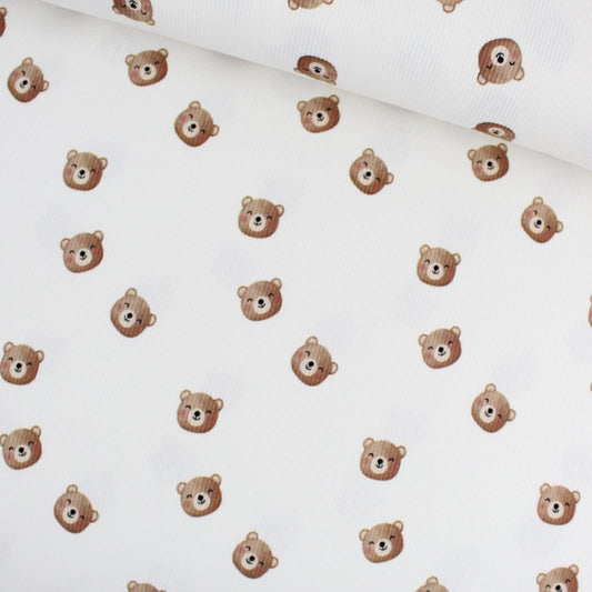 Rippenjersey Stoff Bärchen Muster Ecru Vorderansicht