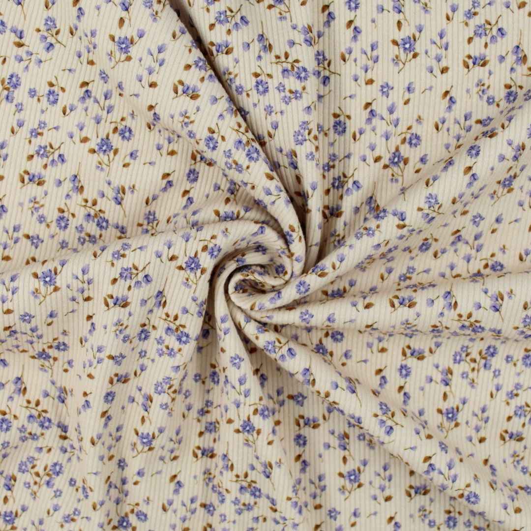 Rippenjersey Blumenmuster – feine Rippenstruktur und weicher Stretch-Stoff in blau