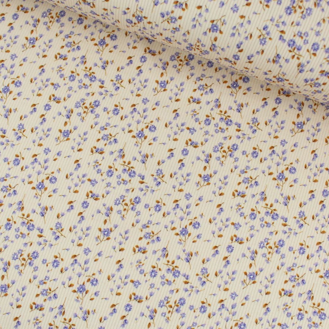 Rippenjersey kleine blaue Blumen – weicher Baumwolljersey mit floralem Muster in Blau