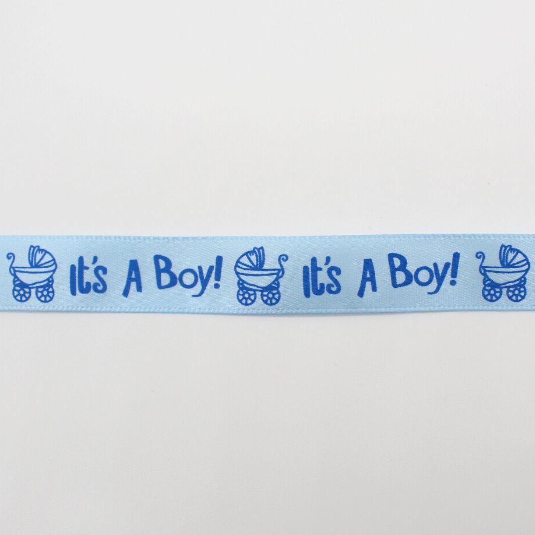 Satinband "It's a Boy" in Blau, 16 mm breit, aus 100% Polyester, ideal für Babypartys und Geschenkverpackungen. Kinderwagen