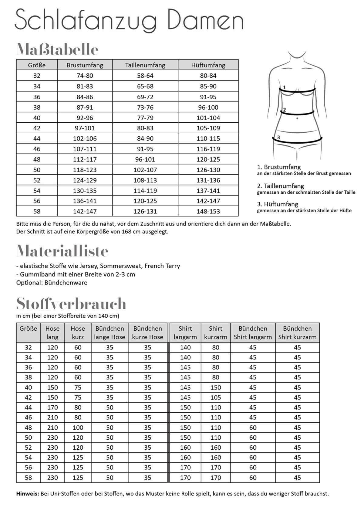 Fadenkäfer Schnittmuster Schlafanzug Damen | Maßtabelle, Materialliste, Stoffvrbrauch