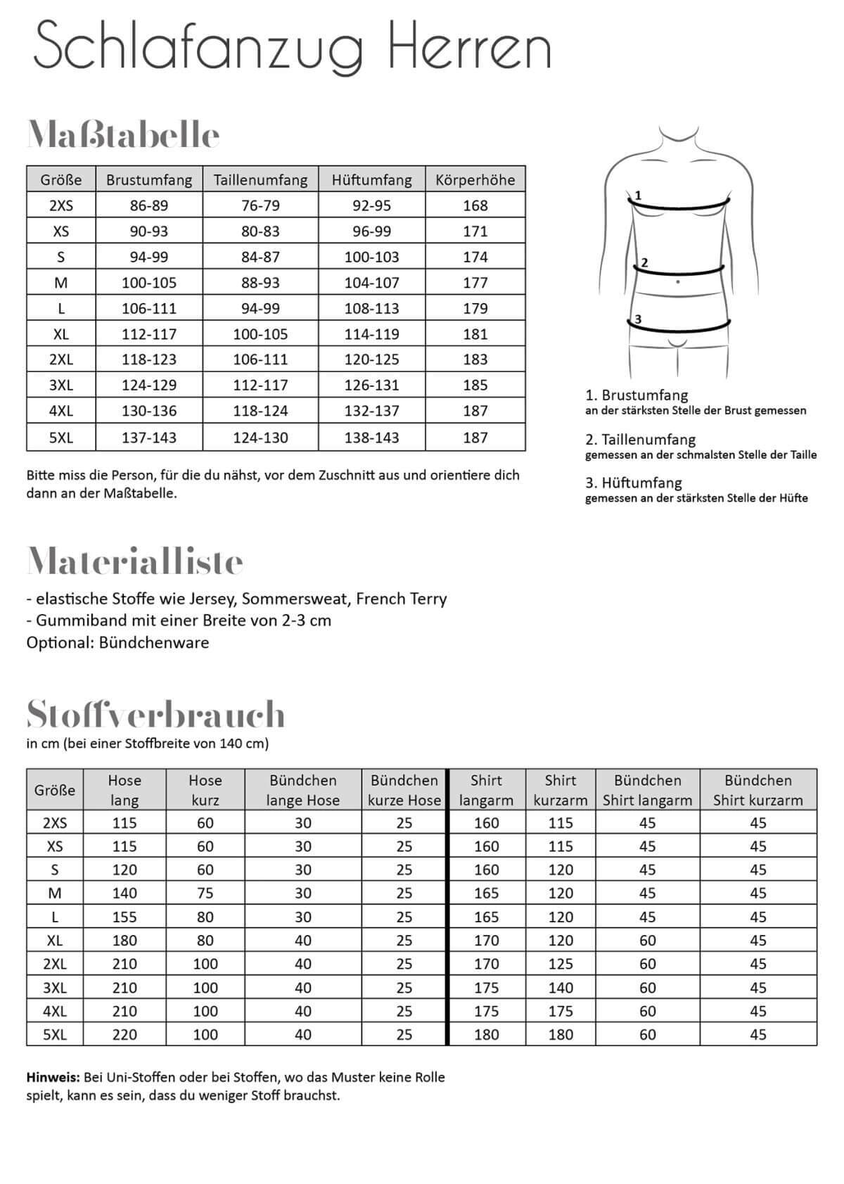 Papierschnittmuster Schlafanzug Herren | Fadenkäfer Maßtabelle, Materialliste, Stoffverbrauch