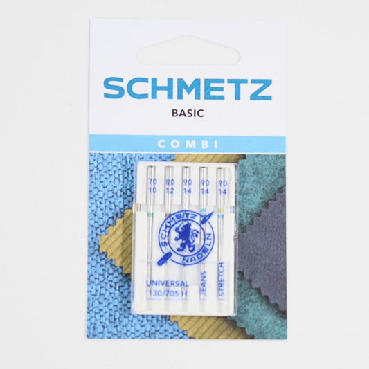 Schmetz Combi-Nadelset Verpackung – 5 Nadeln Universal, Jeans und Stretch für Haushaltsnähmaschinen