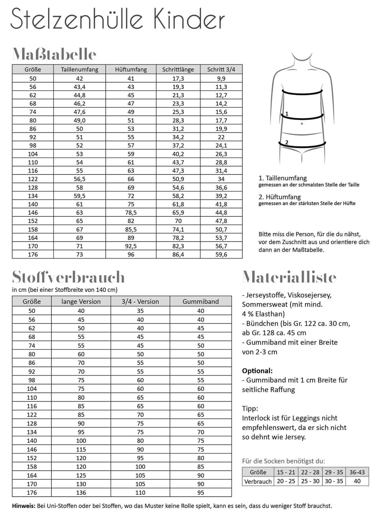 Schnittmuster Stelzenhülle Kinder aßtabelle, Stoffverbrauch, Materialliste