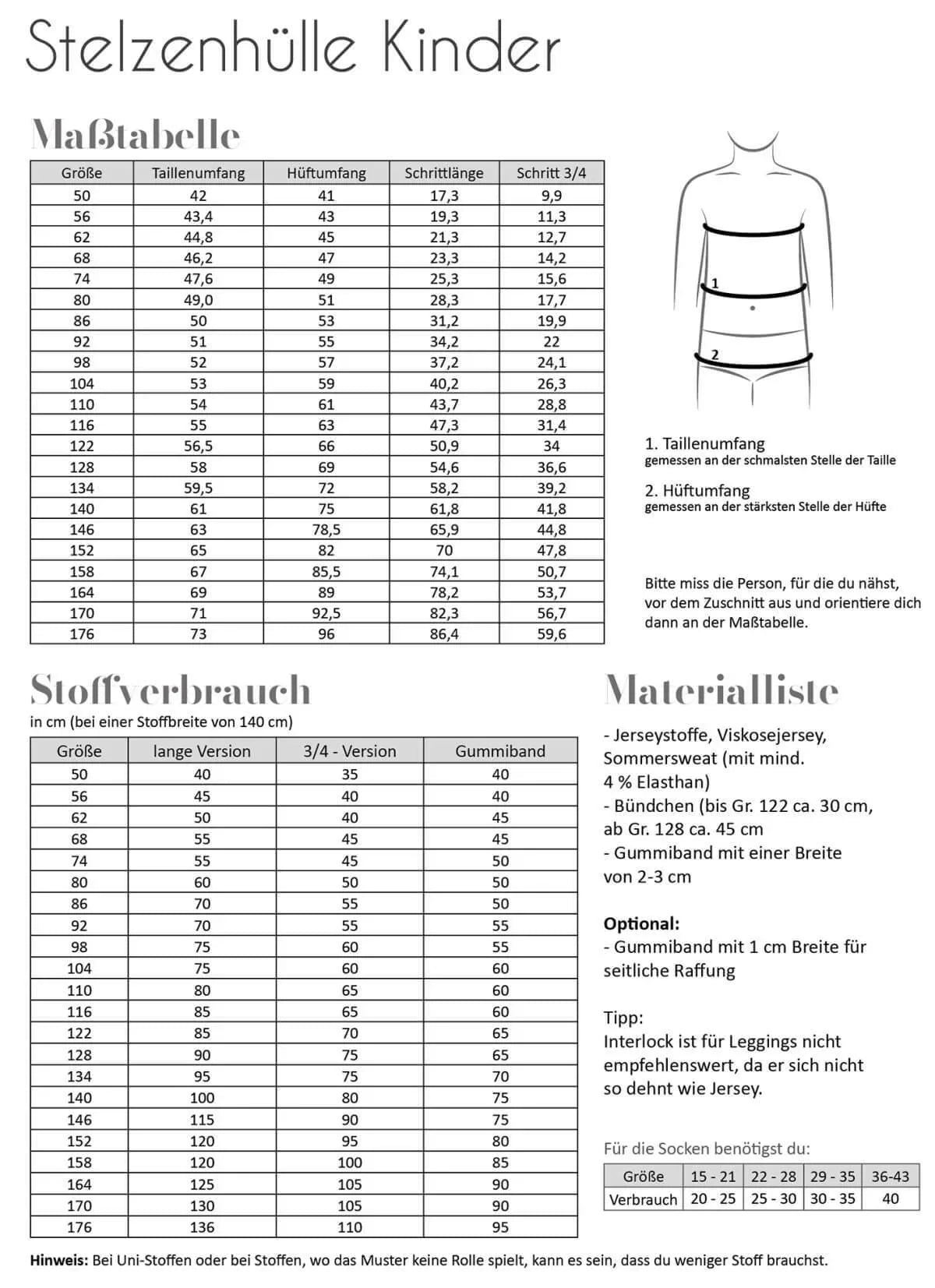 Schnittmuster Stelzenhülle Kinder aßtabelle, Stoffverbrauch, Materialliste