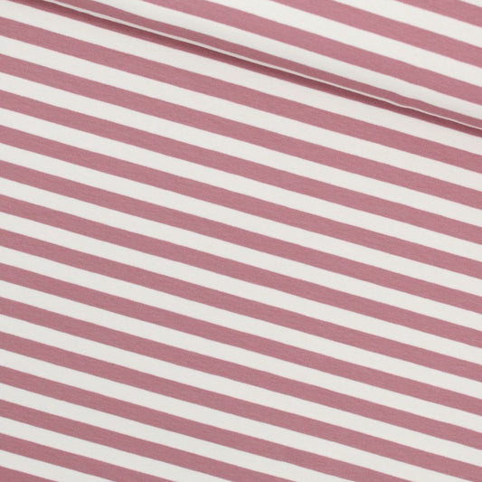 Nahaufnahme des French Terry Stoffes mit zarten rosa Streifen auf einer weichen und elastischen Oberfläche, ideal für bequeme Kleidung.