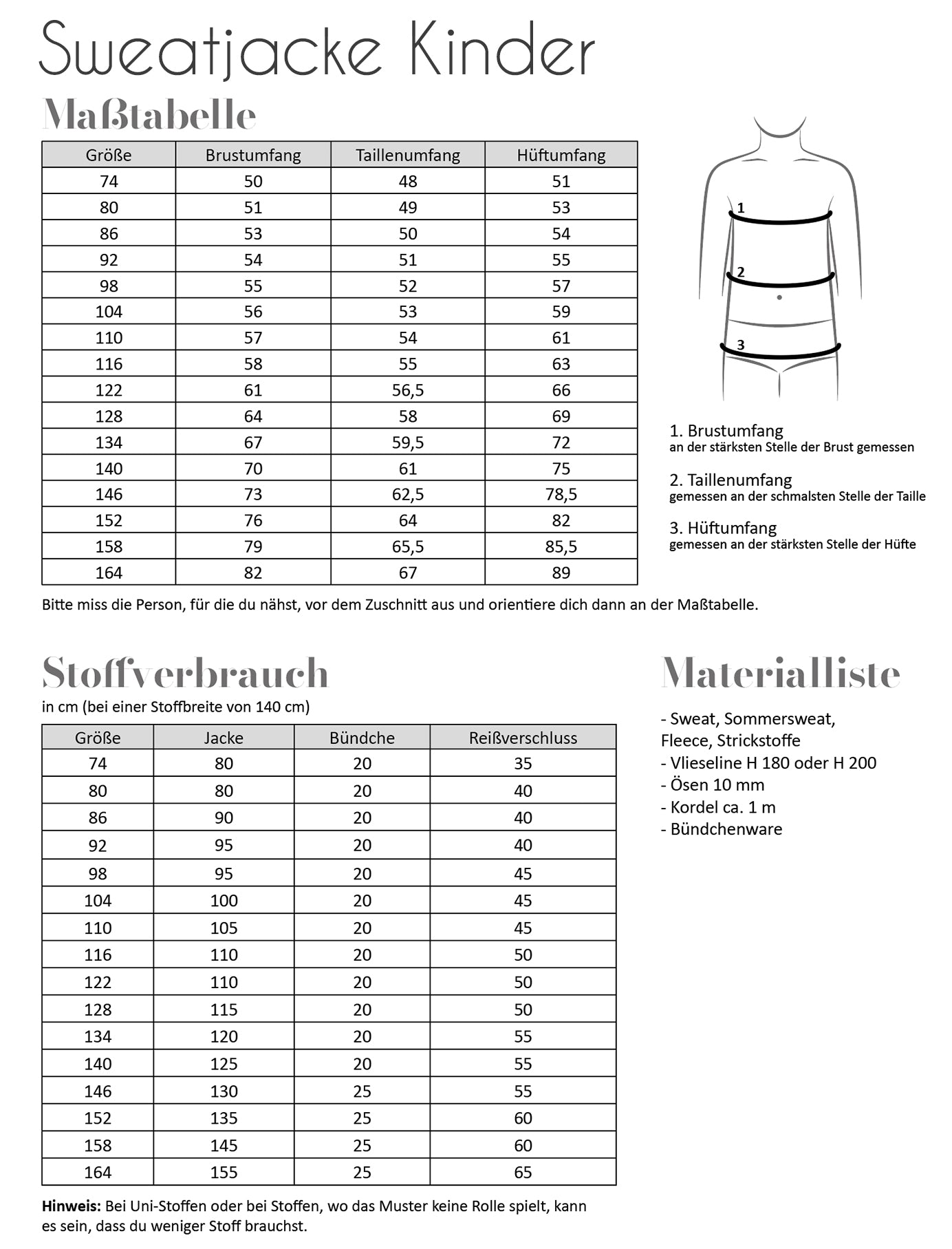 Sweatjacke Schnittmuster für Kinder | Maßtabelle, Stoffverbrauch, Materialliste