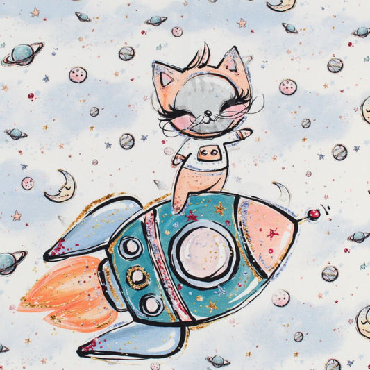 French Terry Panel Weltraum - Katze auf Rakete | Blau - Weiß - Stofftime