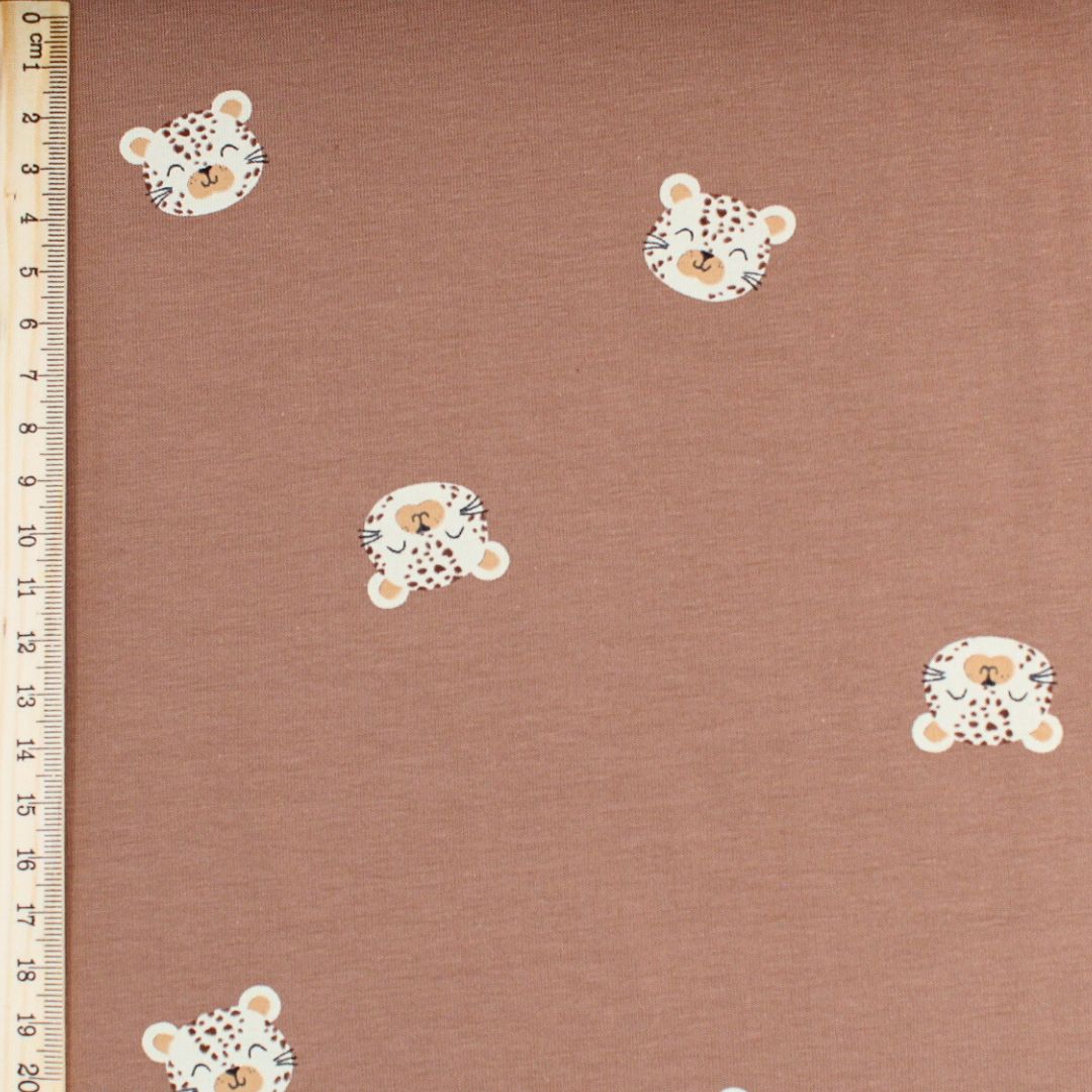 Jersey Stoff Leoparden Gesichter | Braun - Stofftime