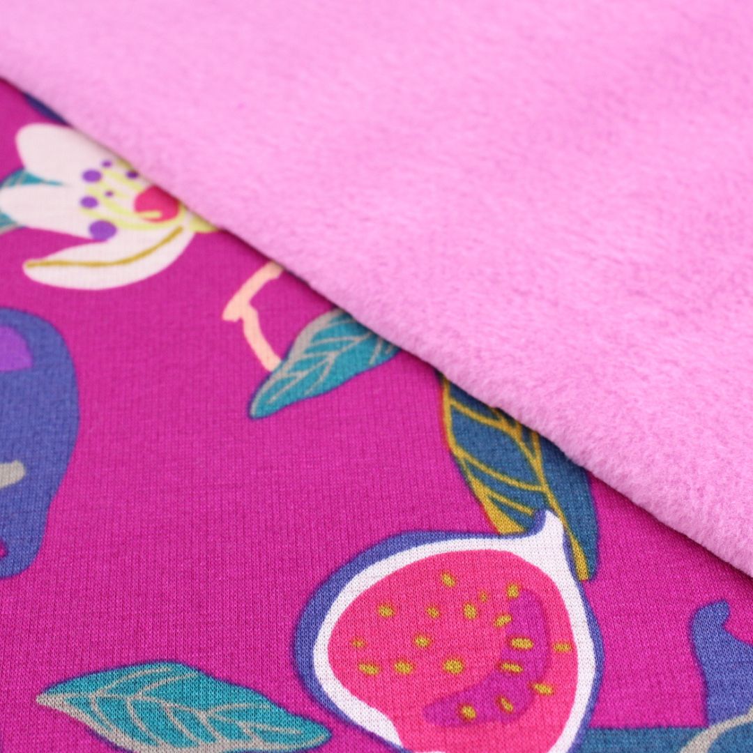 Kuschelsweat Stoff – Feigen und Blumen | Lila - Stofftime