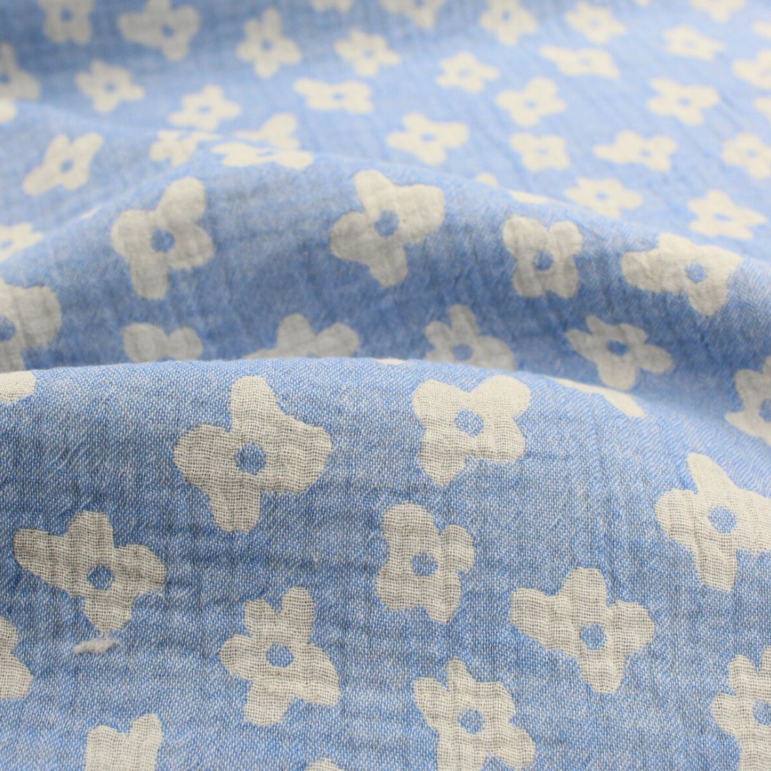 Musselin Jacquard doppelseitig Blumen | Blau - Stofftime