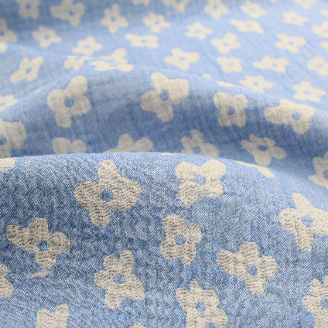 Musselin Jacquard doppelseitig Blumen | Blau - Stofftime