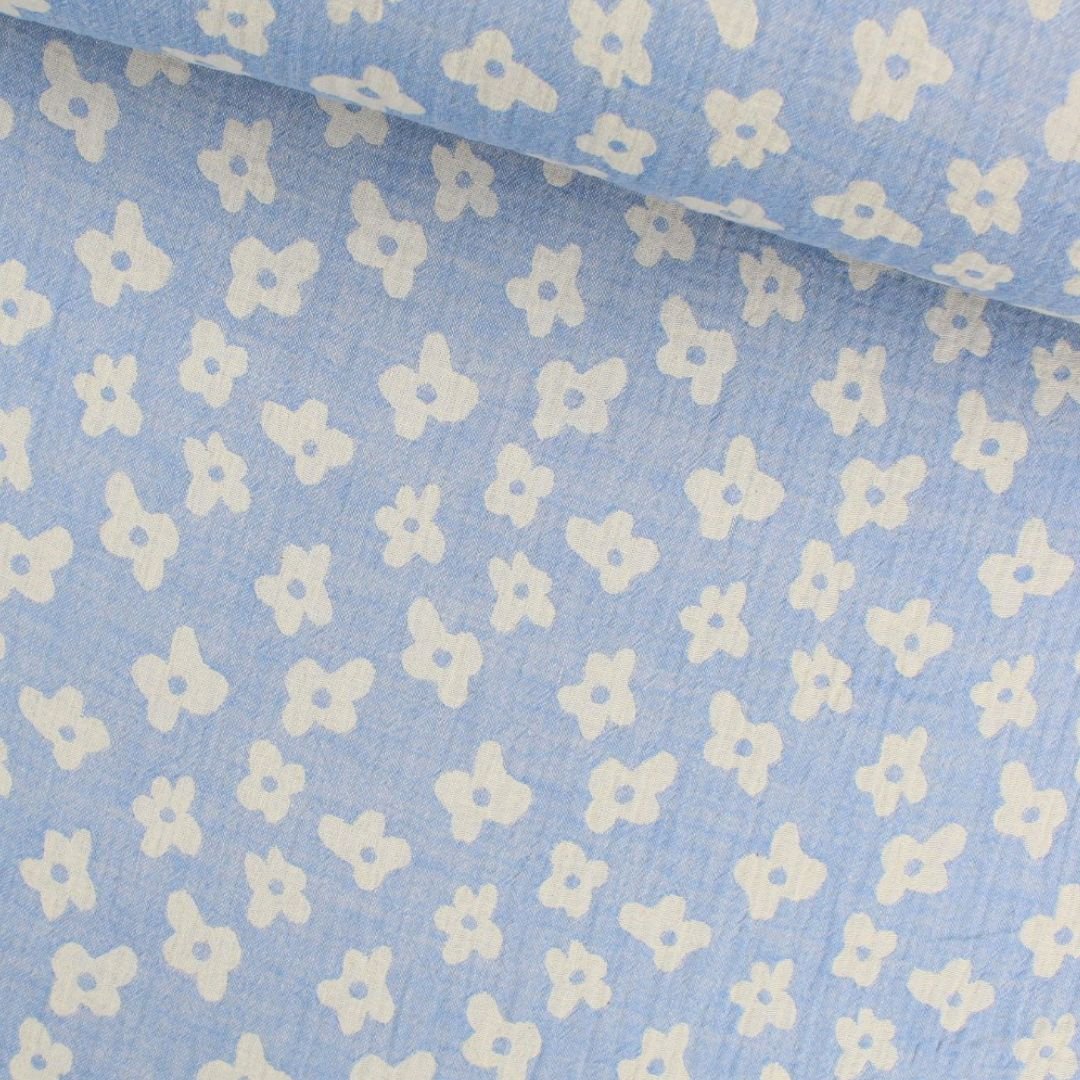 Musselin Jacquard doppelseitig Blumen | Blau - Stofftime