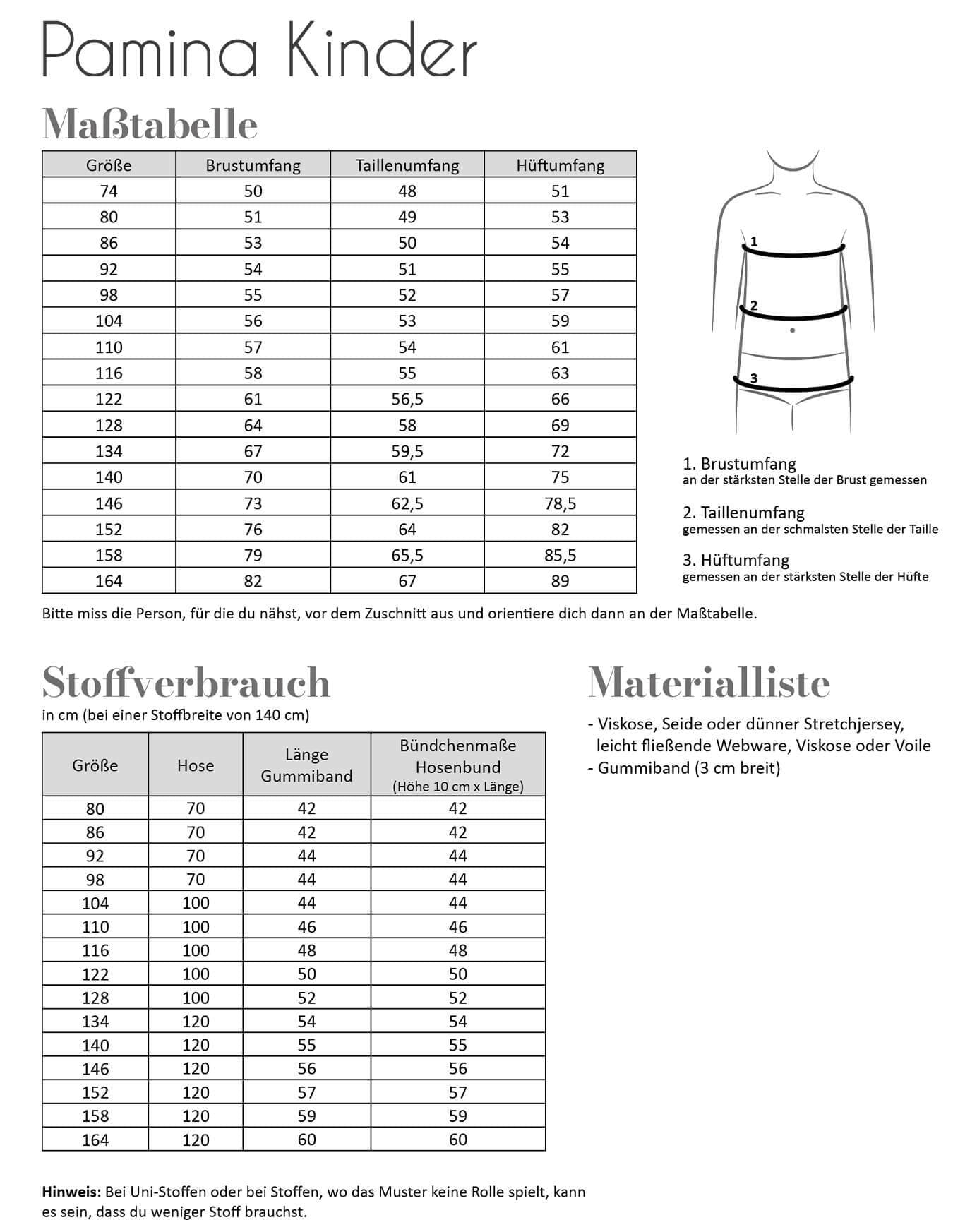 Fadenkäfer Schnittmuster Pamina für Kinder Maßtabelle, Stoffverbrauch, Materialliste