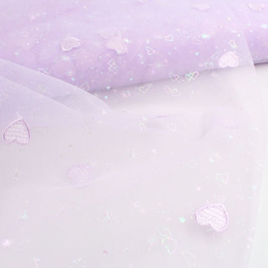 Tüllstoff mit gestickten Herzen und glitzernden Sternen - Stofftime