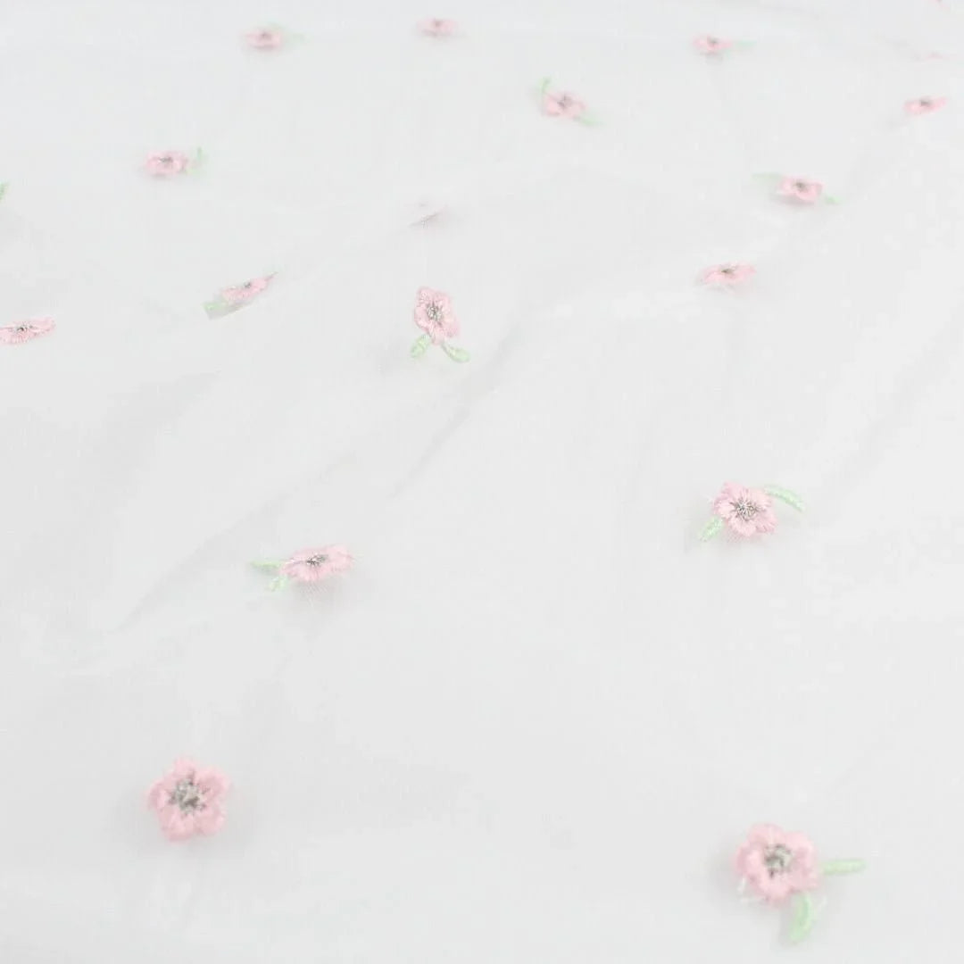 Tüllstoff mit gestickten rosa Blumen - Stofftime