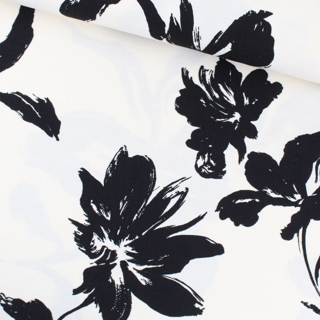 Viskose Nylon Schwarze Blumen | Ecru - Stofftime