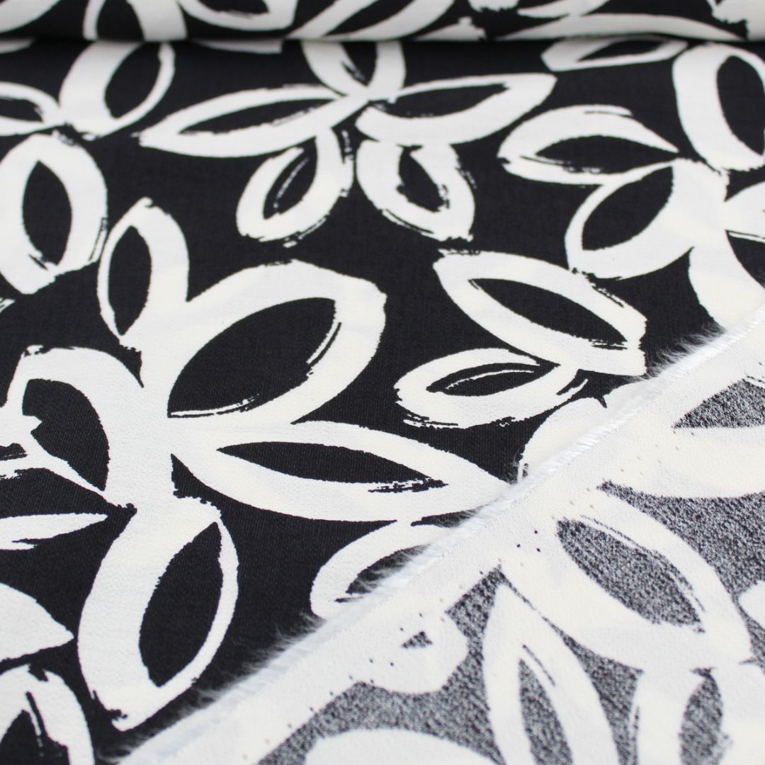 Viskose Nylon Weiße Blumen | Schwarz - Stofftime