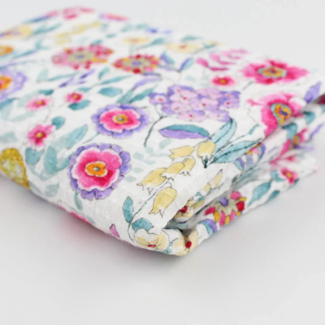Waffelstoff bunte Blumen | Weiß - Stofftime