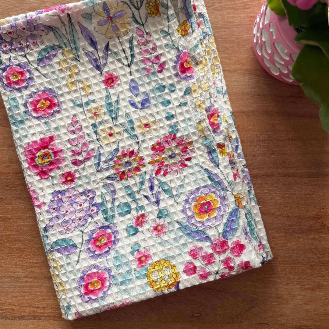 Waffelstoff bunte Blumen | Weiß - Stofftime