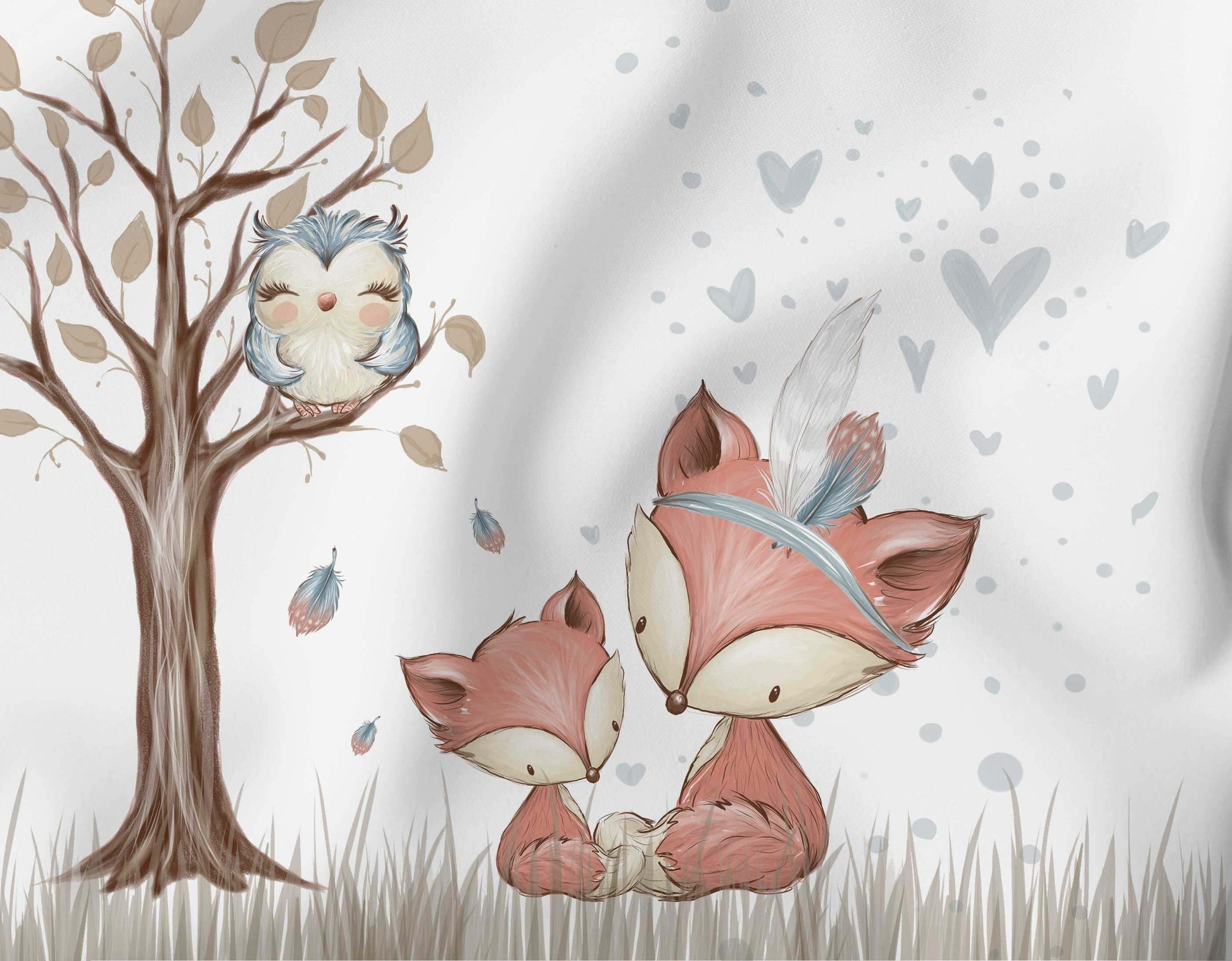 Zauberhaftes Canvas-Panel mit zwei verspielten Füchsen und einer eleganten Eule aus der Boho Waldfreunde Kollektion, ideal für kreative DIY-Projekte.