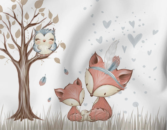 Zauberhaftes Canvas-Panel mit zwei verspielten Füchsen und einer eleganten Eule aus der Boho Waldfreunde Kollektion, ideal für kreative DIY-Projekte.