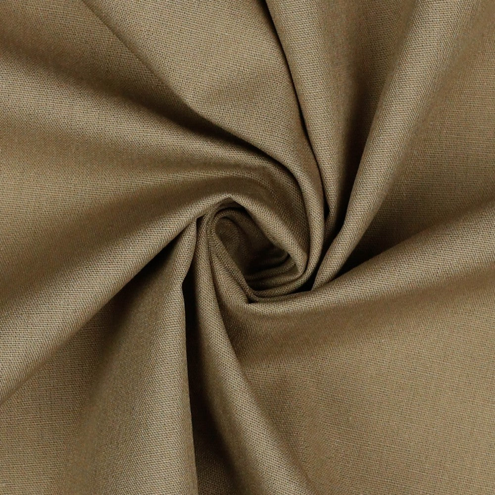 Hochwertige Baumwollpopeline in Taupe – eleganter Stoff auf einem Schneiderpuppe drapiert.