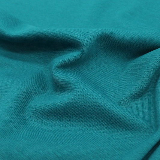 Bündchenstoff in Cyan – Elastisch, weich und langlebig, perfekt für Nähprojekte wie Pumphosen, Strampler und Pullover.