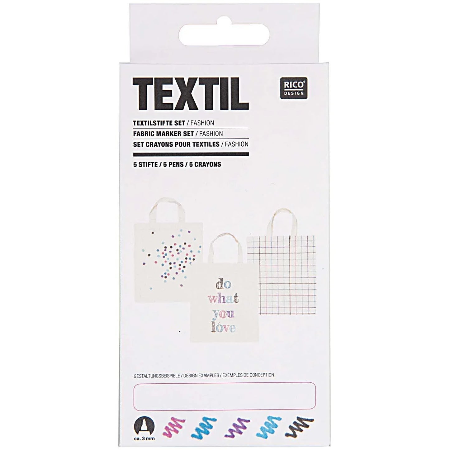 Rico Design Textilstifte Set 5 Fashionfarben für dauerhafte, trendige Stoffgestaltung auf hellen Textilien