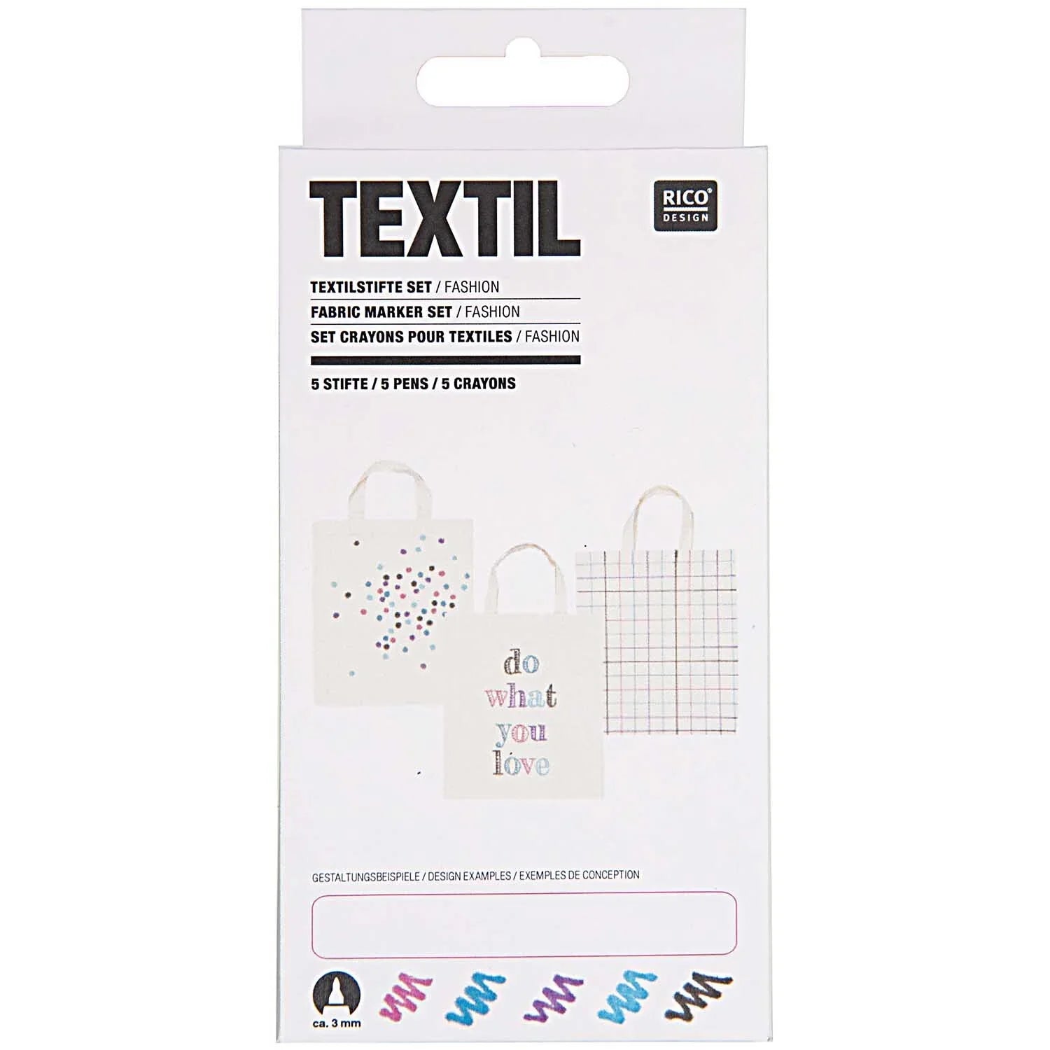 Rico Design Textilstifte Set 5 Fashionfarben für dauerhafte, trendige Stoffgestaltung auf hellen Textilien
