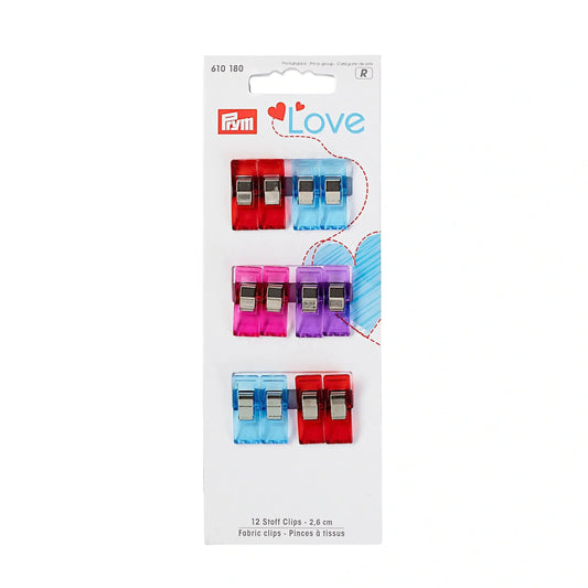 Prym Love Stoff Clips in verschiedenen Farben, 2,6 cm groß, Set mit 12 Stück aus Kunststoff und Metall, ideal zum Fixieren empfindlicher Stoffe wie Wachstuch und Leder.