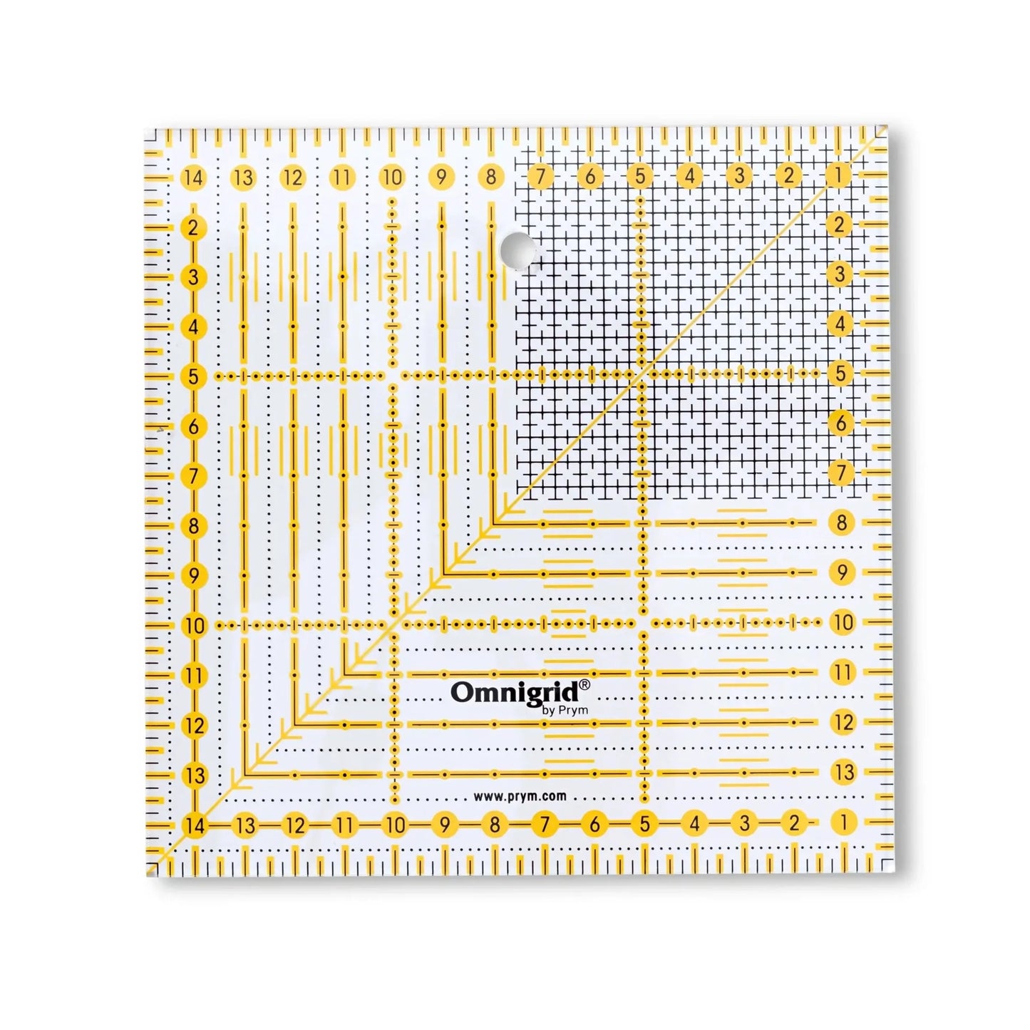 Omnigrid Universal-Lineal (15x15 cm) mit gelb/schwarzem Rasterdruck, ideal für präzises Zuschneiden und Markieren auf verschiedenen Stoffen.