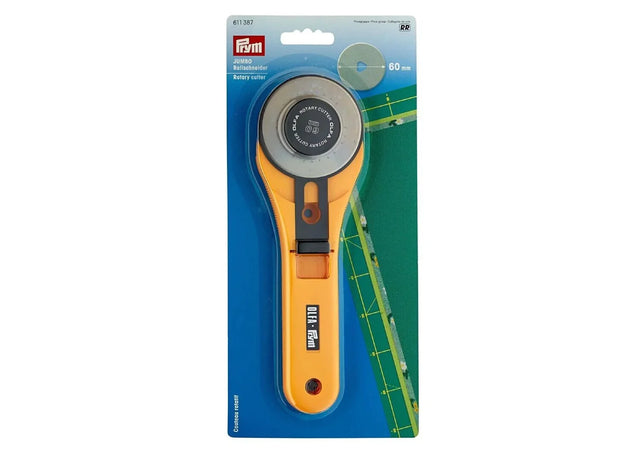 Rollschneider "Jumbo" 60 mm von OLFA, zeigt die große Klinge und den gelben Kunststoffgriff.