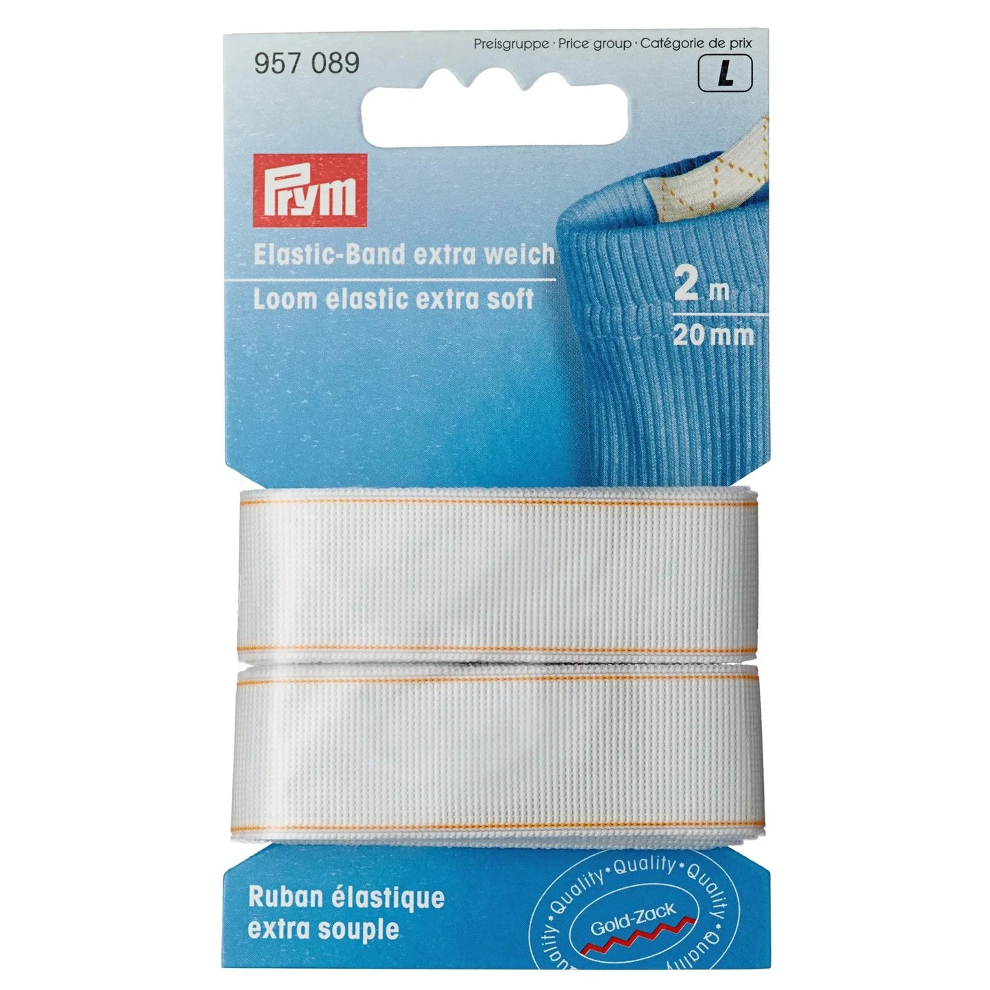 Prym Elastikband Extra Weich in Weiß, 20 mm breit, auf einem Stoffhintergrund ausgebreitet.