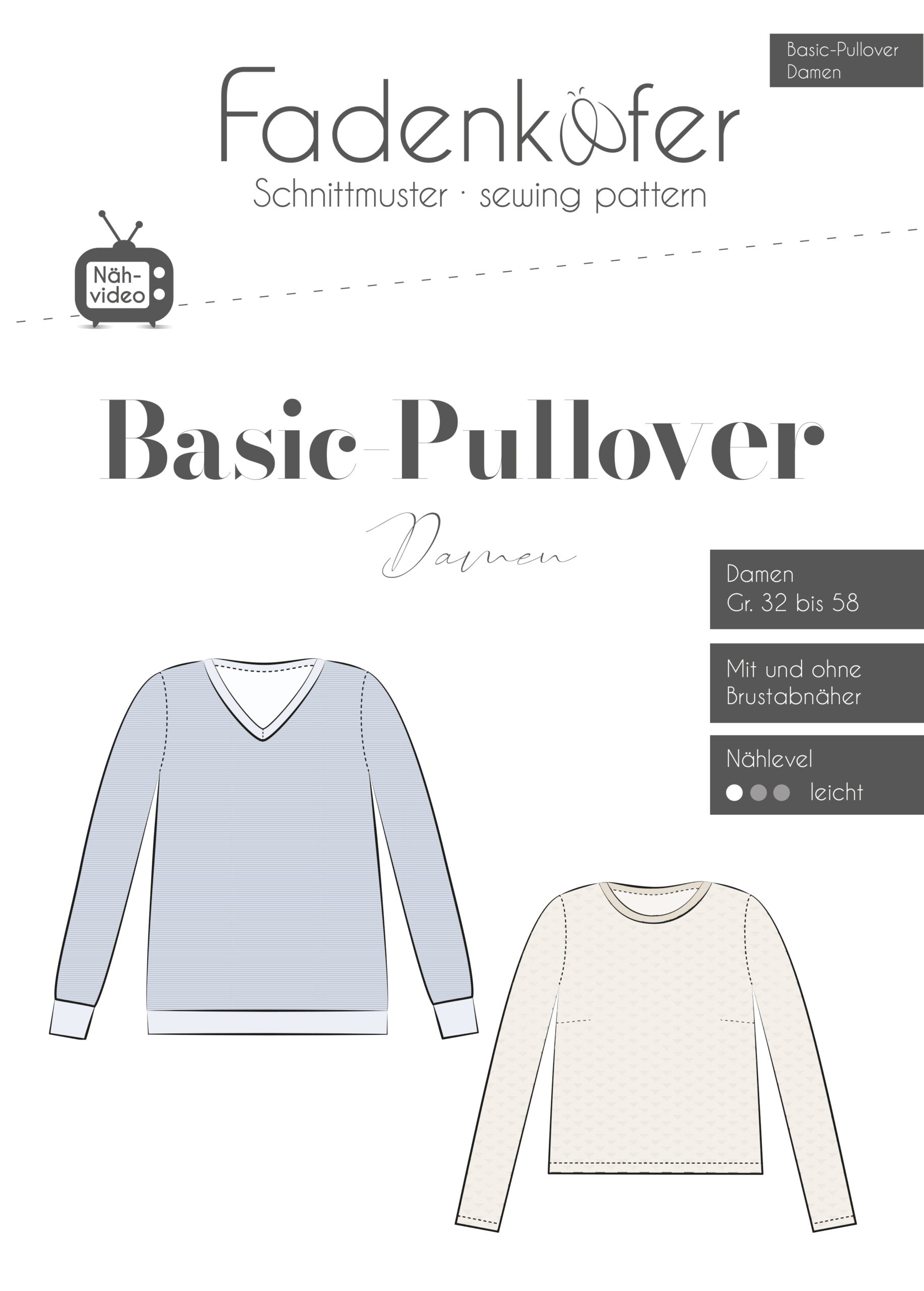 Basic Pullover Schnittmuster für Damen Größe 32 bis 58