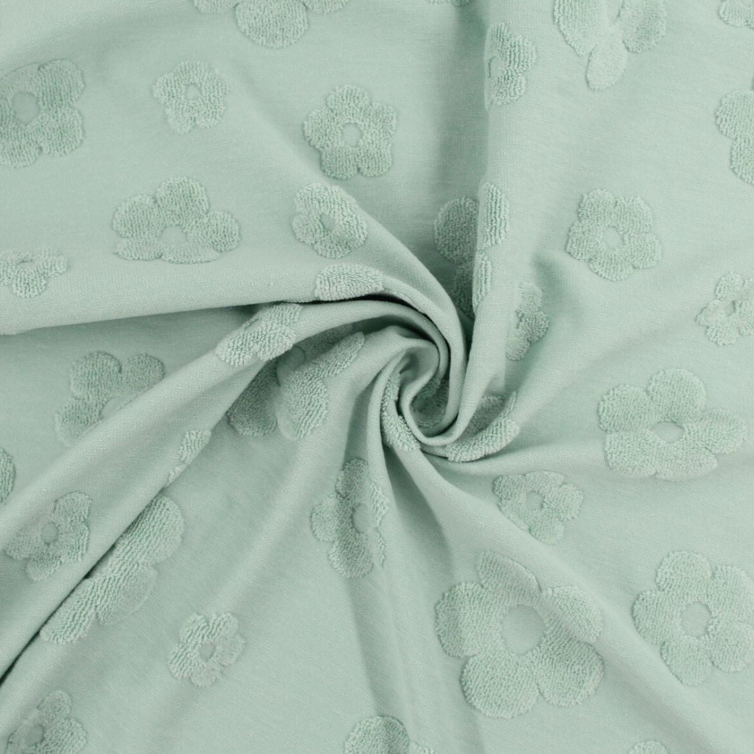 Detailansicht: Mintgrüner Jacquard-Stoff mit floralen Frottee-Mustern und feiner Textur