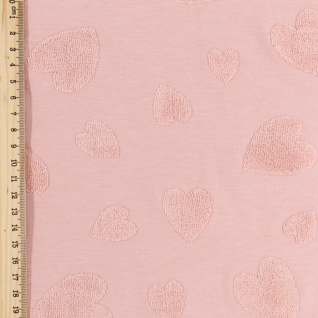 Baumwoll-Jacquard Meterware mit dreidimensionalen Frottee-Herzen, Puderrosa Mustergröße