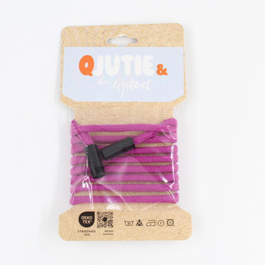 Baumwollkordel in kräftigem Pink (Cyclaam) mit schwarzen Endstücken, 5 mm dick und 1,15 m lang – ideal für Hoodies, Taschen und Nähprojekte.