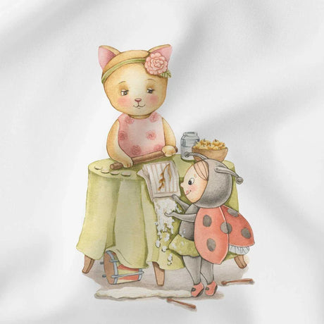 Baumwollpanel mit Katze und Marienkäfer in der Küche – Ideal für kreative Nähideen und fröhliche Küchen-Dekorationen.